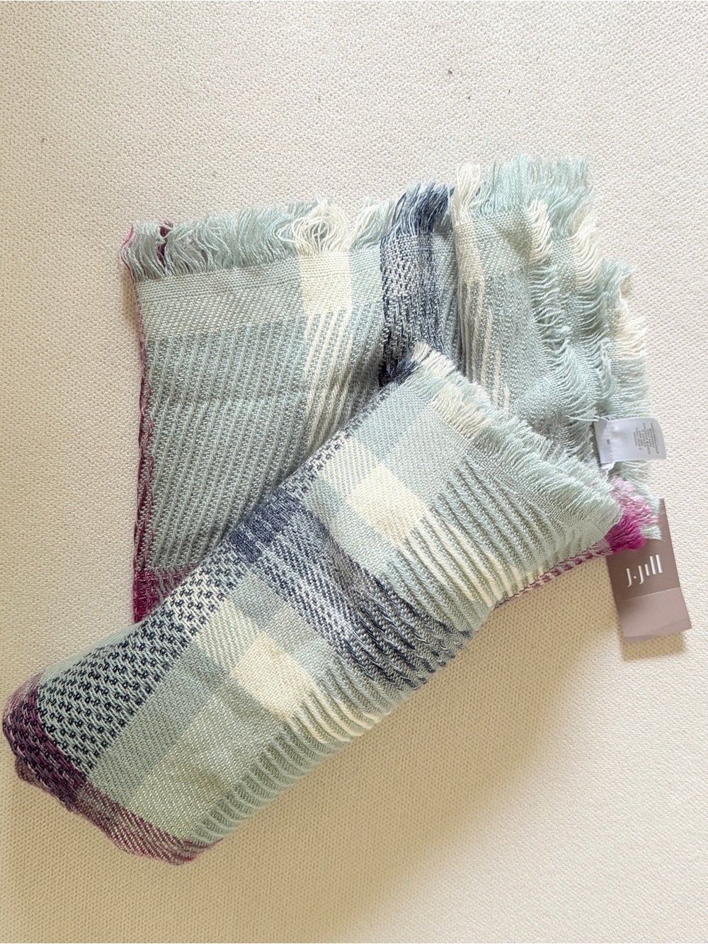 J. Jill Plaid Fringe Scarf Wrap Coastal Soft Indie Coffee House Vibe Bohemian
